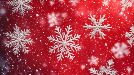 Snowflakes gently falling on a vibrant red background during winter festivities