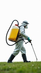 Worker in Protective Suit Spraying Field with Pesticide Using Professional Equipment