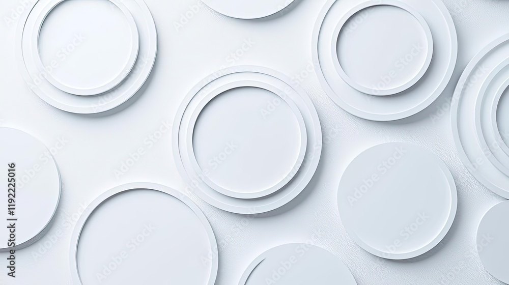 Poster minimal symmetry concept. abstract arrangement of white circular plates on a minimalistic background