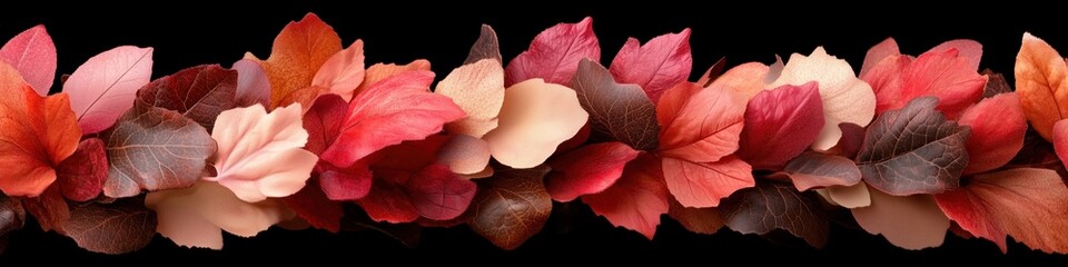 Colorful autumn leaves arranged in a decorative garland against a black background, capturing the beauty of fall