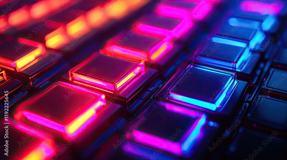 Poster vivid gradient concept. colorful illuminated keyboard keys with vibrant lighting effects.