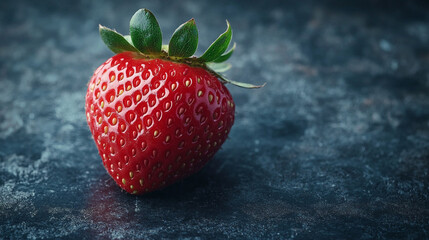 Fresh ripe strawberry resting on a dark countertop with vibrant colors