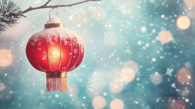 Red lantern adorned with snow hangs gently from a pine branch, illuminated by soft winter light in a serene snowy environment - Powered by Adobe
