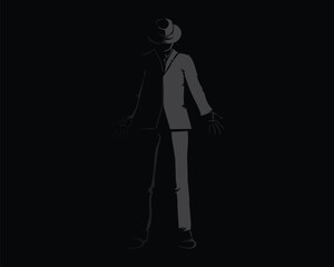vector design illustration of the silhouette of a man in a suit wearing a hat standing straight while stretching out his arms on a black background