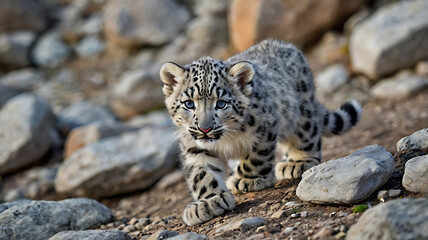 Fototapeta premium Single snow leopard cub prowling on rocky surface