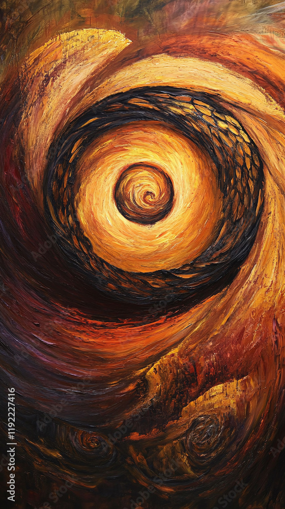 Poster abstract art depicting recognition with swirling golden energy patterns.
