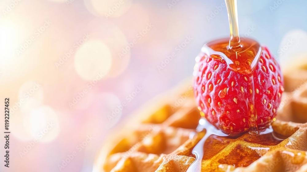 Poster golden waffles are generously drizzled with maple syrup, featuring a bright red strawberry on top in
