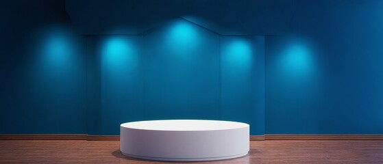 Illuminated light on a blue wall, creating a modern and warm atmosphere for product presentations. Generative AI