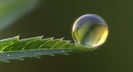 Dewdrop on Leaf Reflects Golden Sunlight in Nature's Embrace