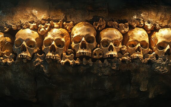 Wide-angle panoramic view of the Paris Catacombs, featuring stacked rows of skulls and bones with intricate textures, captured in high resolution with soft, warm lighting casting dramatic shadows