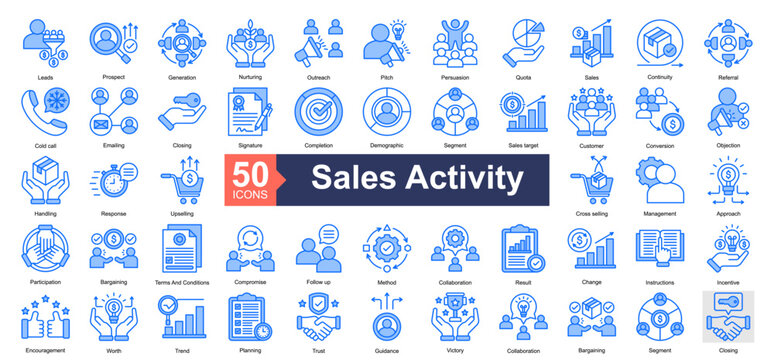 Sales Activity Icon Collection Set.Containing Leads, Prospect, Generation, Nurturing, Outreach, Pitch, Persuasion, Quota icon. Simple blue style Vector Illustration.
