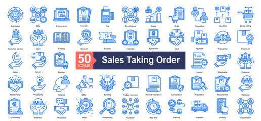 Sales Taking Order Icon Collection Set.Containing Automation, CRM, E-commerce, Inventory, Pos Terminal, Omnichannel, Sales icon. Simple blue style Vector Illustration.