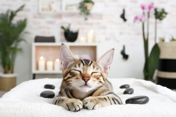 Relaxation time for a content cat modern living room pet photography calm environment close-up view serenity concept