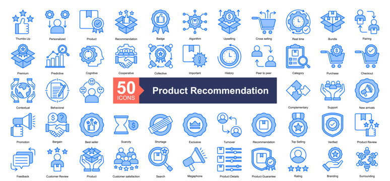 Product Recommendation Icon Collection Set.Containing Algorithm, Upselling, Cross selling, Real time, Bundle, Pairing, Premium icon. Simple blue style Vector Illustration.