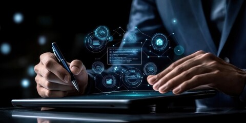 Digital innovation in business analysis corporate office visual data presentation professional environment close-up perspective