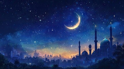 Naklejka premium Night city crescent moon starscape; mystical city skyline, Islamic architecture