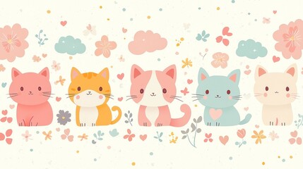 Obraz premium Cute illustrated cats surrounded by flowers.