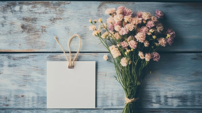 A heartfelt thank you note is placed next to a bouquet of pastel flowers on a weathered wooden table