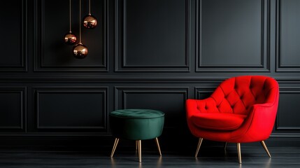Stylish modern living space featuring a red armchair and green ottoman with elegant pendant lights
