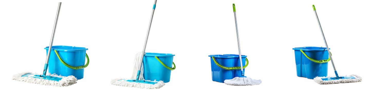 Cleaning Supplies: Blue Buckets and Mops on Black Background