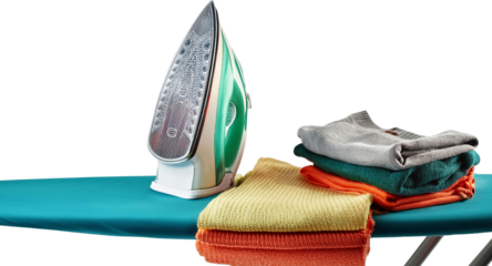 Modern Iron Stack of Knitwear on Teal Ironing Board Laundry Day