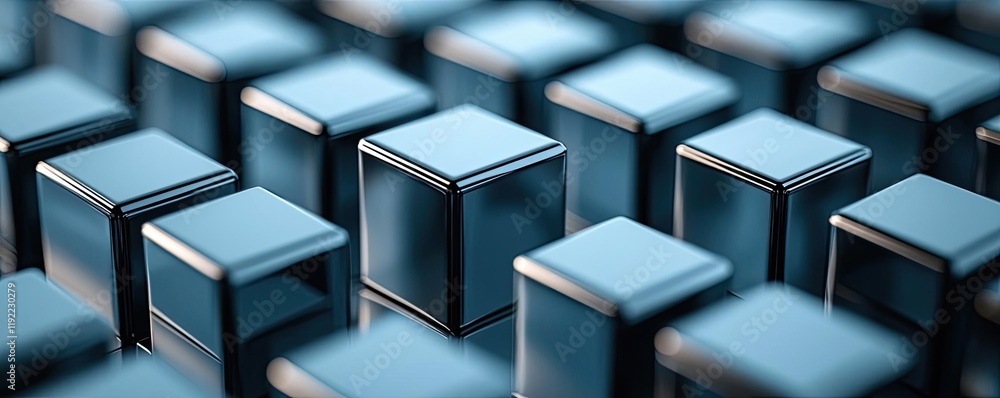 Poster minimal symmetry concept. close-up of reflective blue metallic cubes arranged in a structured patter