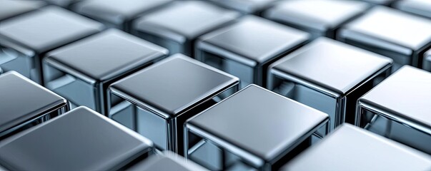 Obraz premium Minimal symmetry concept. Close-up view of metallic cubes reflecting light in a modern design.