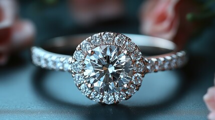 Fototapeta premium Elegant diamond engagement ring with floral backdrop.