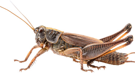 Detailed close up of a brown grasshopper insect macro photography isolated transparent background