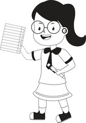 Black and White Cartoon Illustration of Cute Little girl with Coloring Book