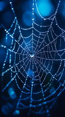 Fototapeta premium spider web with dew drops on blue background, close up