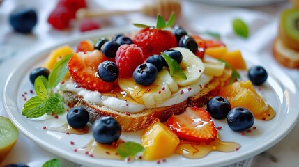 Fresh fruits and Greek yogurt with honey and crispy toast