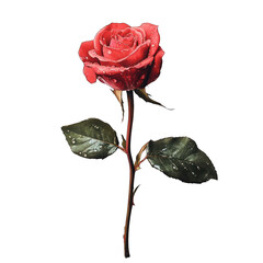 a red rose with green leaves isolated on transparent background
