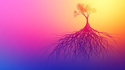 Tree roots growing on vibrant rainbow gradient background