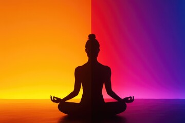 Woman Silhouetted Meditating Against Vibrant Background