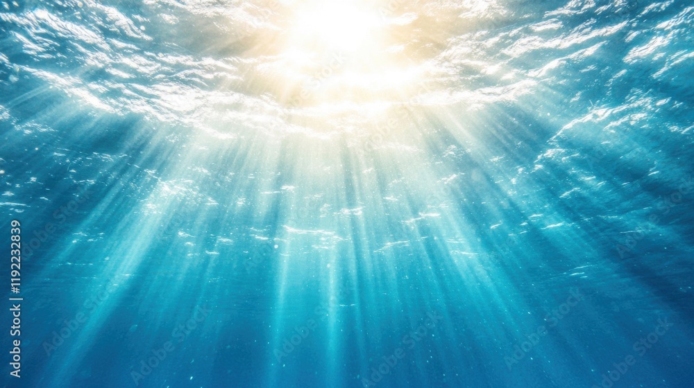 Poster sunlight filters through the ocean surface, creating radiant rays that illuminate the underwater wor