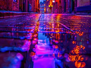 Vibrant city street reflection in a puddle after rain at night.