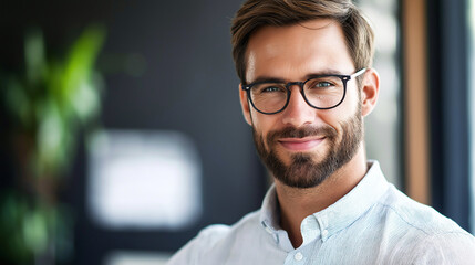 Professional man with glasses smiling warmly in office