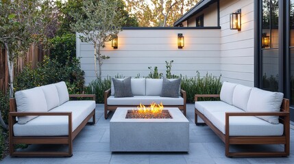 Patio furniture seating and minimal, A modern outdoor seating area featuring comfortable couches, a central fire pit, and lush greenery, creating a cozy atmosphere for relaxation.