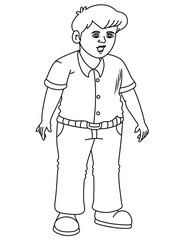 Cute cartoon hand drawn vector standing boy coloring page.