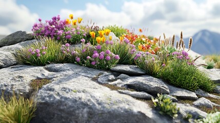 Fototapeta premium Creative visualization of alpine plants thriving rocky terrains with colorful blooms