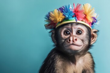 Adorable baby monkey wearing a vibrant, colorful feathered hat against a teal background.  Perfect for children's books, websites, or greeting cards.