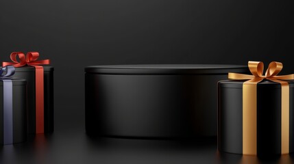 A sleek arrangement of black gift box with colorful ribbon on a dark surface.