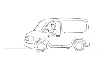 Continuous line art drawing of a delivery car. Delivery van continuous outline vector.