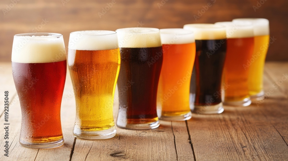 Poster different types of beers showcased in unique glasses on a rustic wooden surface, emphasizing their d