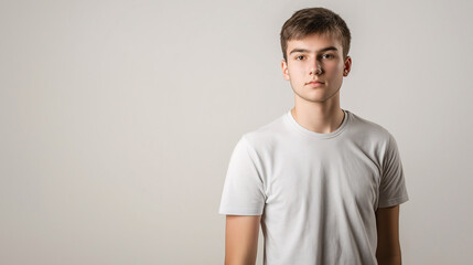 Fototapeta premium Young man in white t-shirt against neutral background