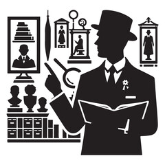 Museum Curator Silhouette Vector Illustration, Solid White Background.