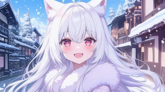 Adorable Anime Snow Fox Girl Explores a Charming Winter Village