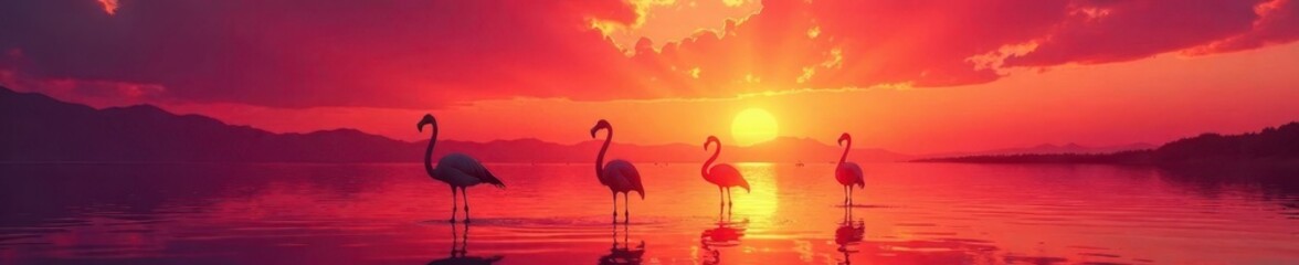 Naklejka premium Flamingos silhouetted against vibrant sunset sky, sun, scene, sunset colors