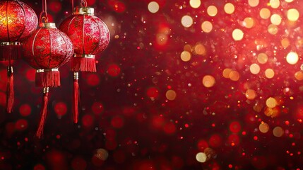 Red lanterns, festive bokeh, Chinese New Year celebration, greeting card design